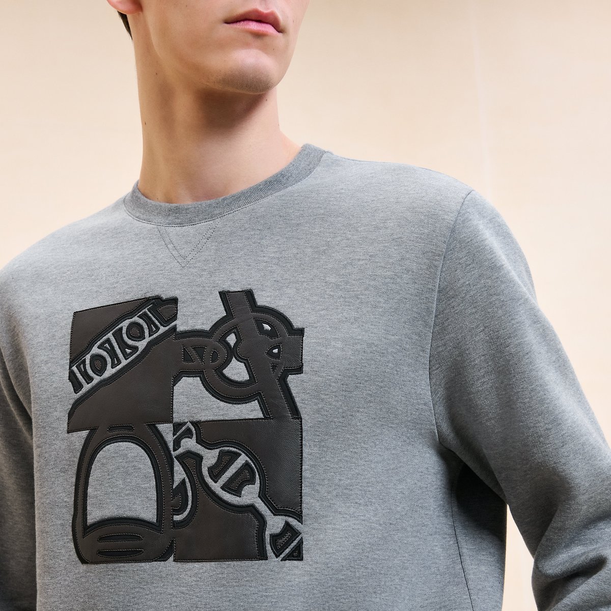 Gris "Metallerie Au Carre" Crewneck Sweater With Leather Detail