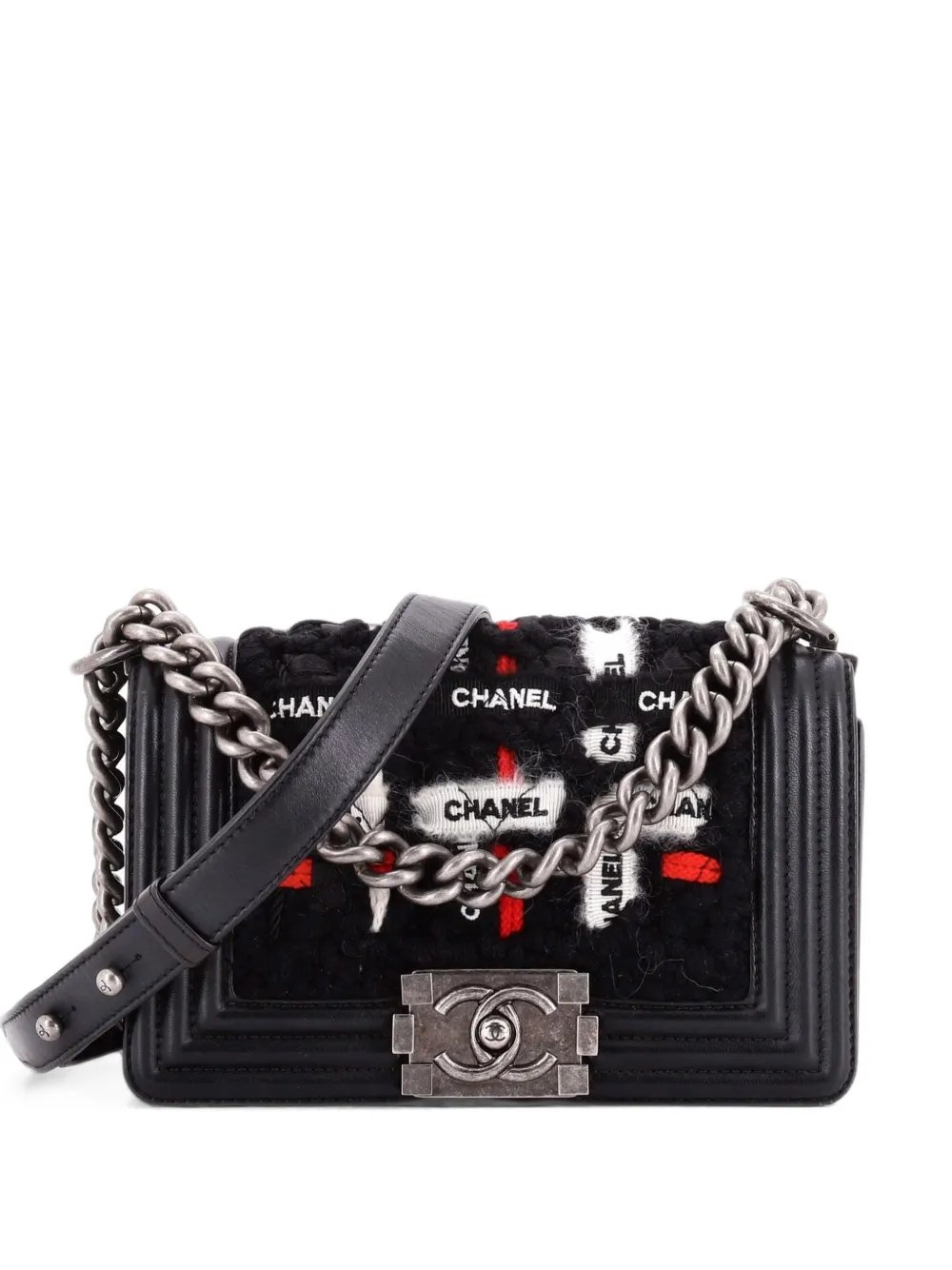 Boy Flap Bag Quilted Logo Ribbon and Tweed Small shoulder bag