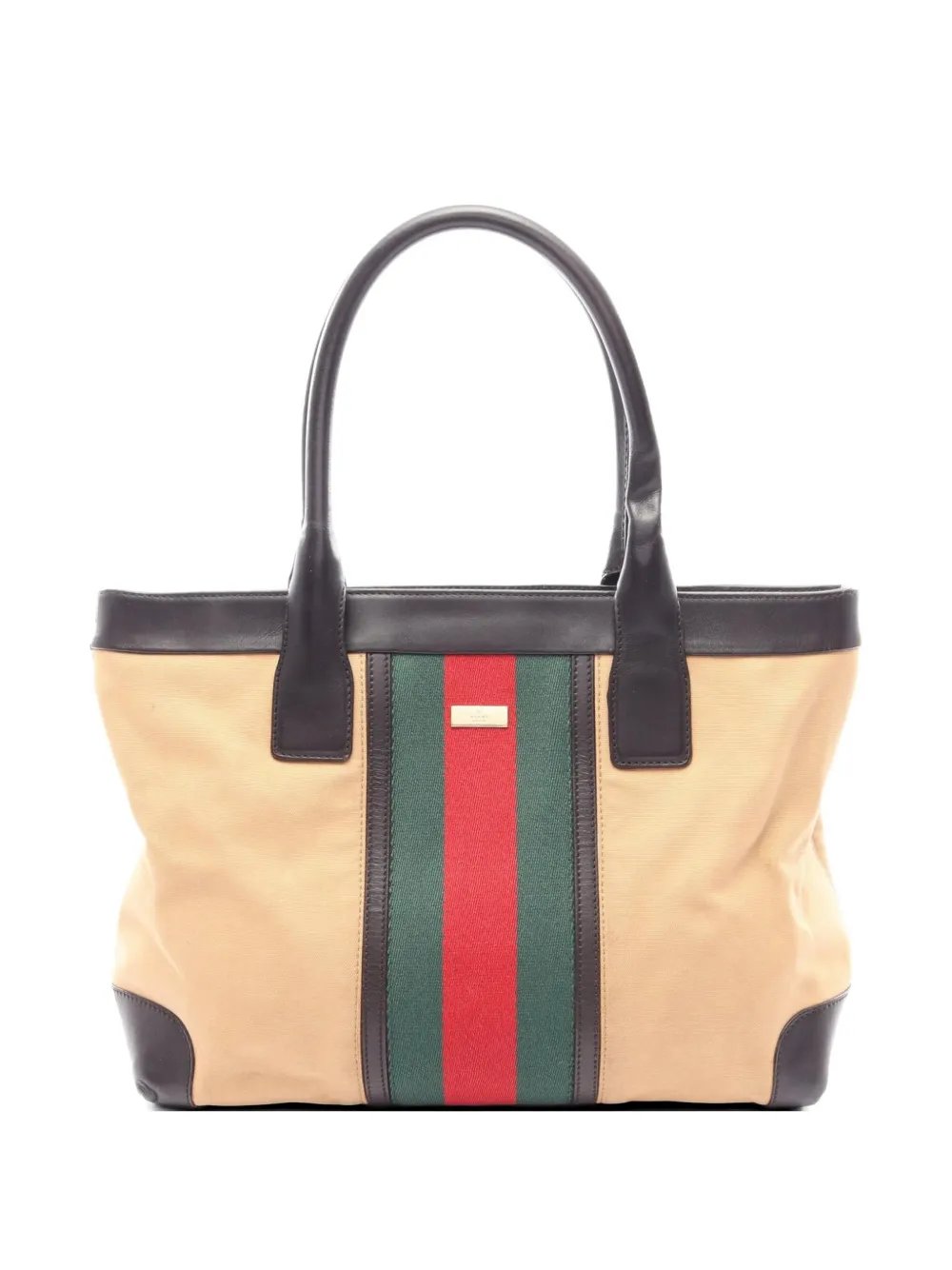 2000s Web stripe leather-trim tote bag