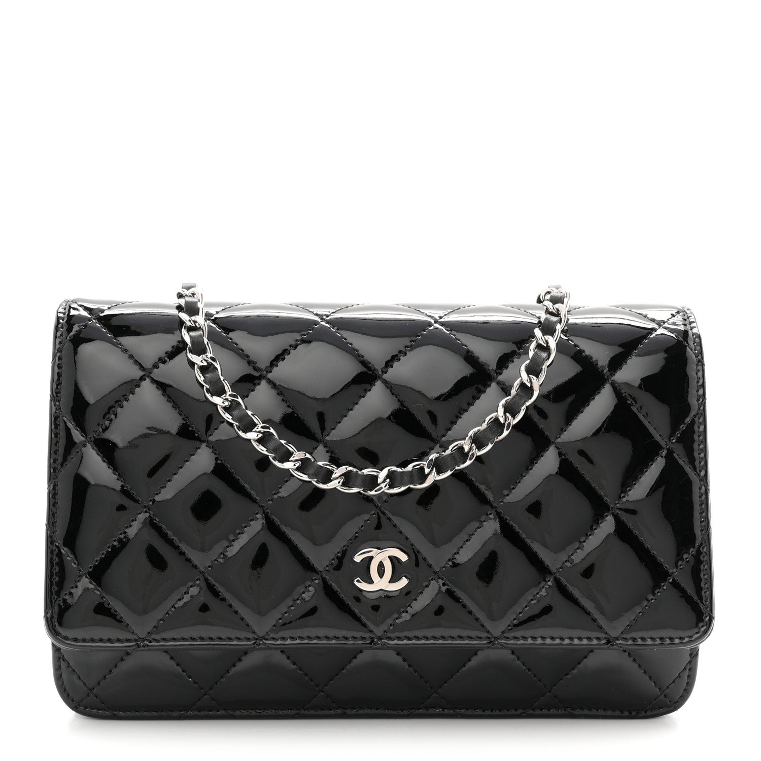 Chanel Patent Quilted Wallet On Chain WOC Black