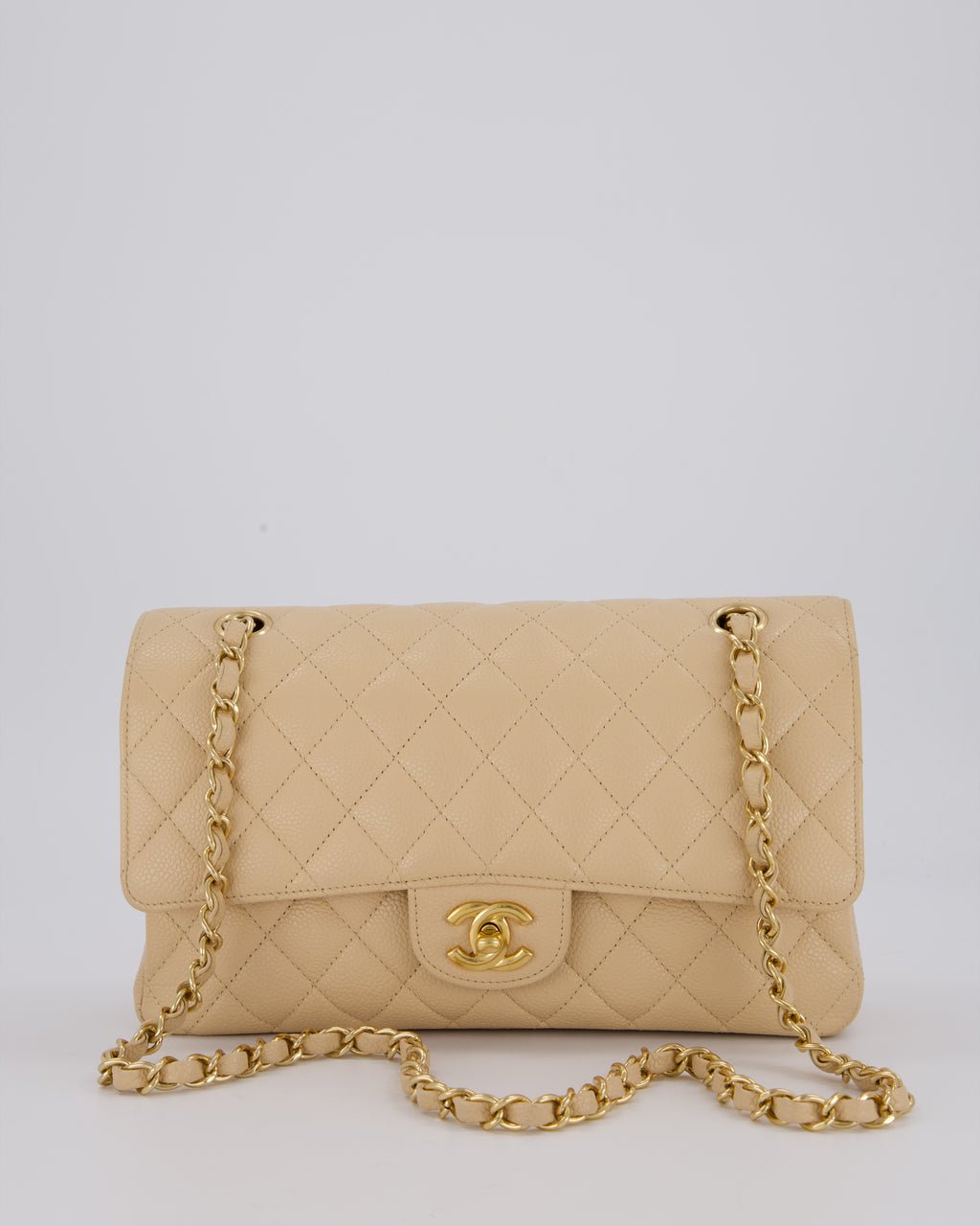 Chanel Beige Classic Medium Double Flap Bag in Caviar Leather with Gold Hardware