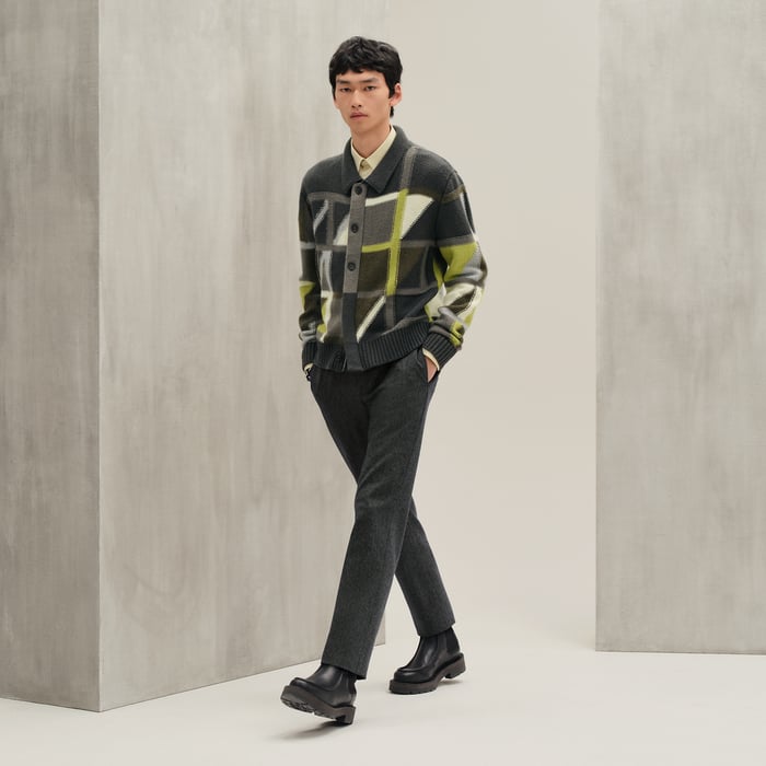Vert Chrome Cashmere "Geometrie Variable" Knit Cardigan Shirt
