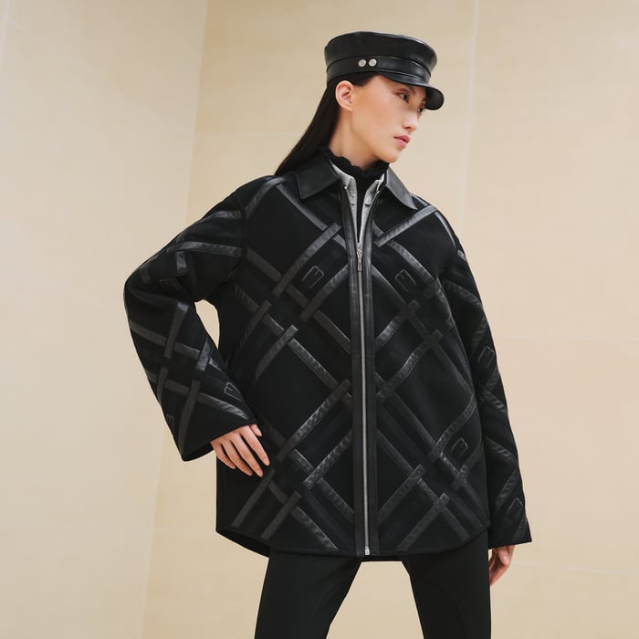 Noir Mixed Leather Embroidered Pea Coat