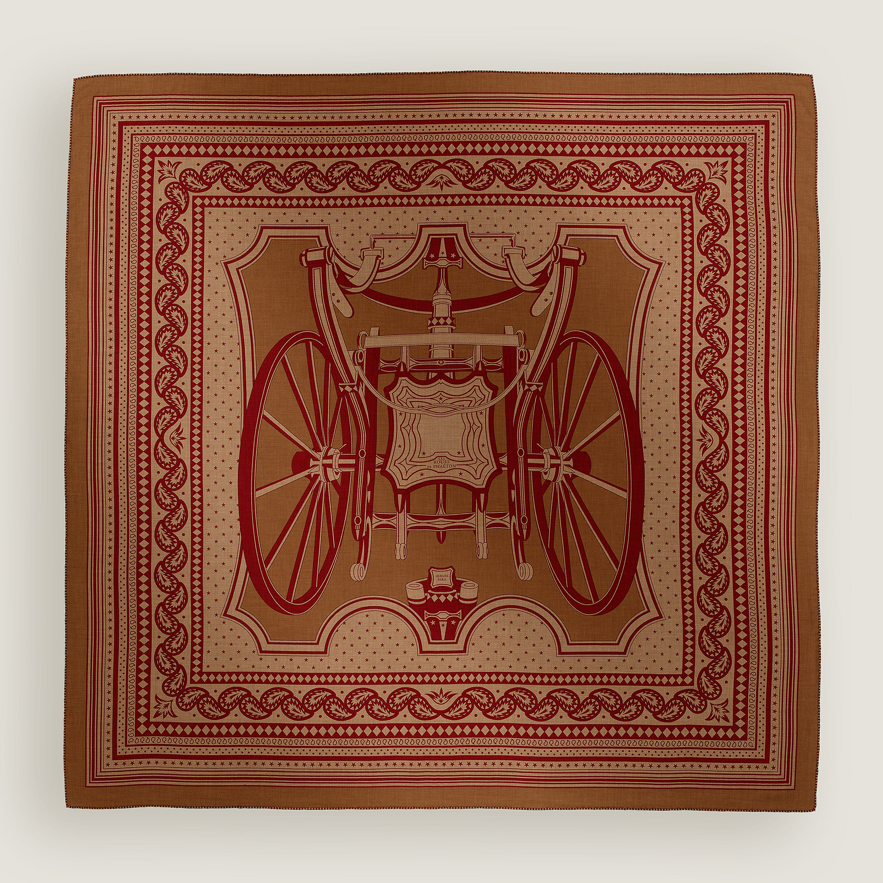 Hermès Les Roues de Phaeton Bandana shawl 140 Noisette/Caramel