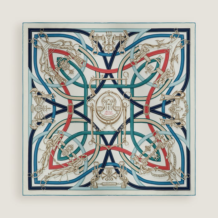 Hermès Harnais Legendaire scarf 90 Blanc/Bleu Jean/Bois De Rose