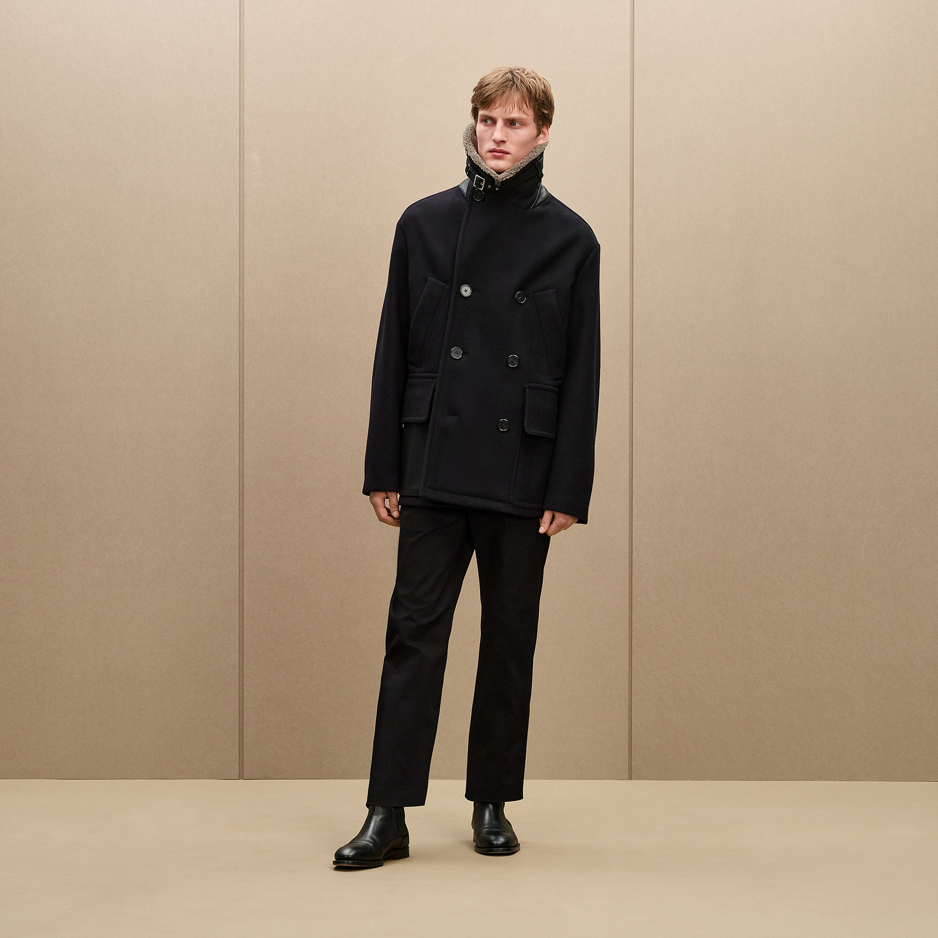 Cashmere pea coat with leather details