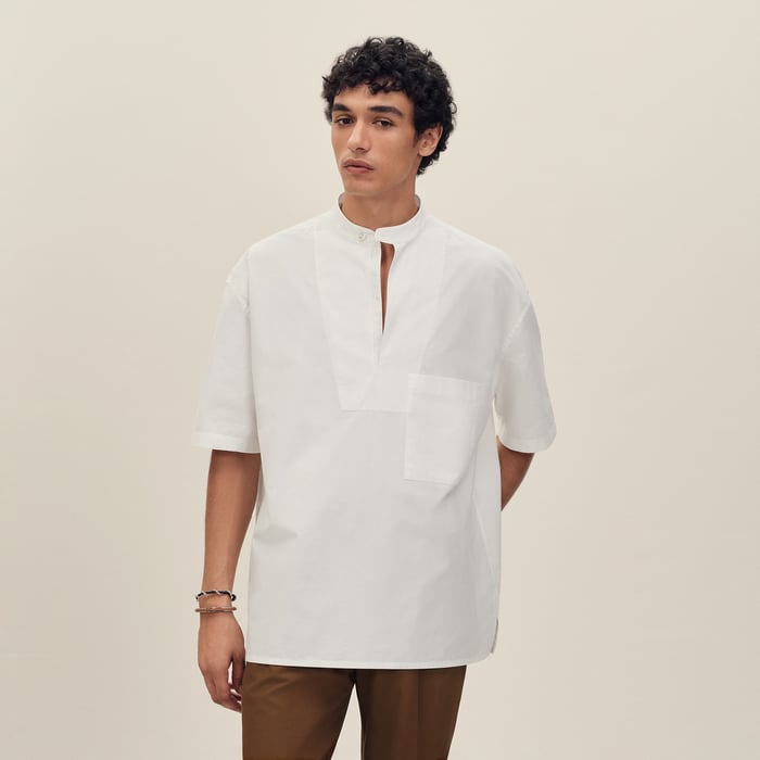 Blanc Short-sleeve Boxy Fit Shirt With Vareuse Collar