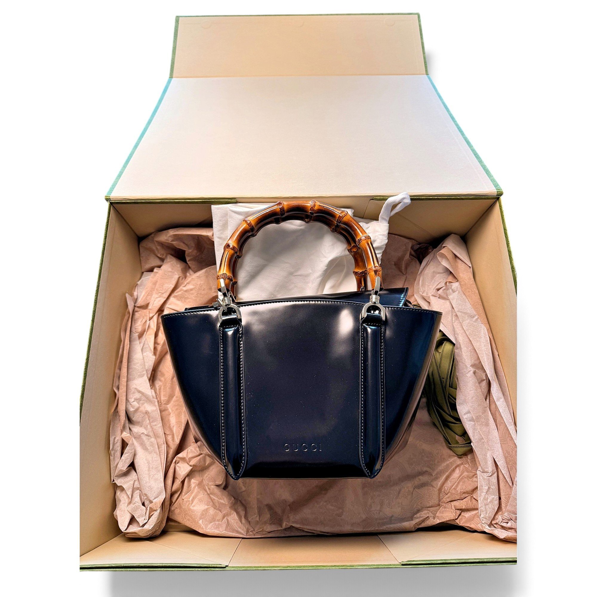 Bamboo patent leather handbag