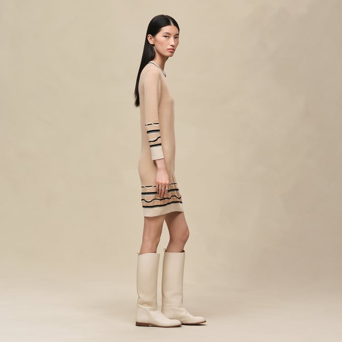 Beige Cajou "Ex-libris" 3/4-sleeve Dress