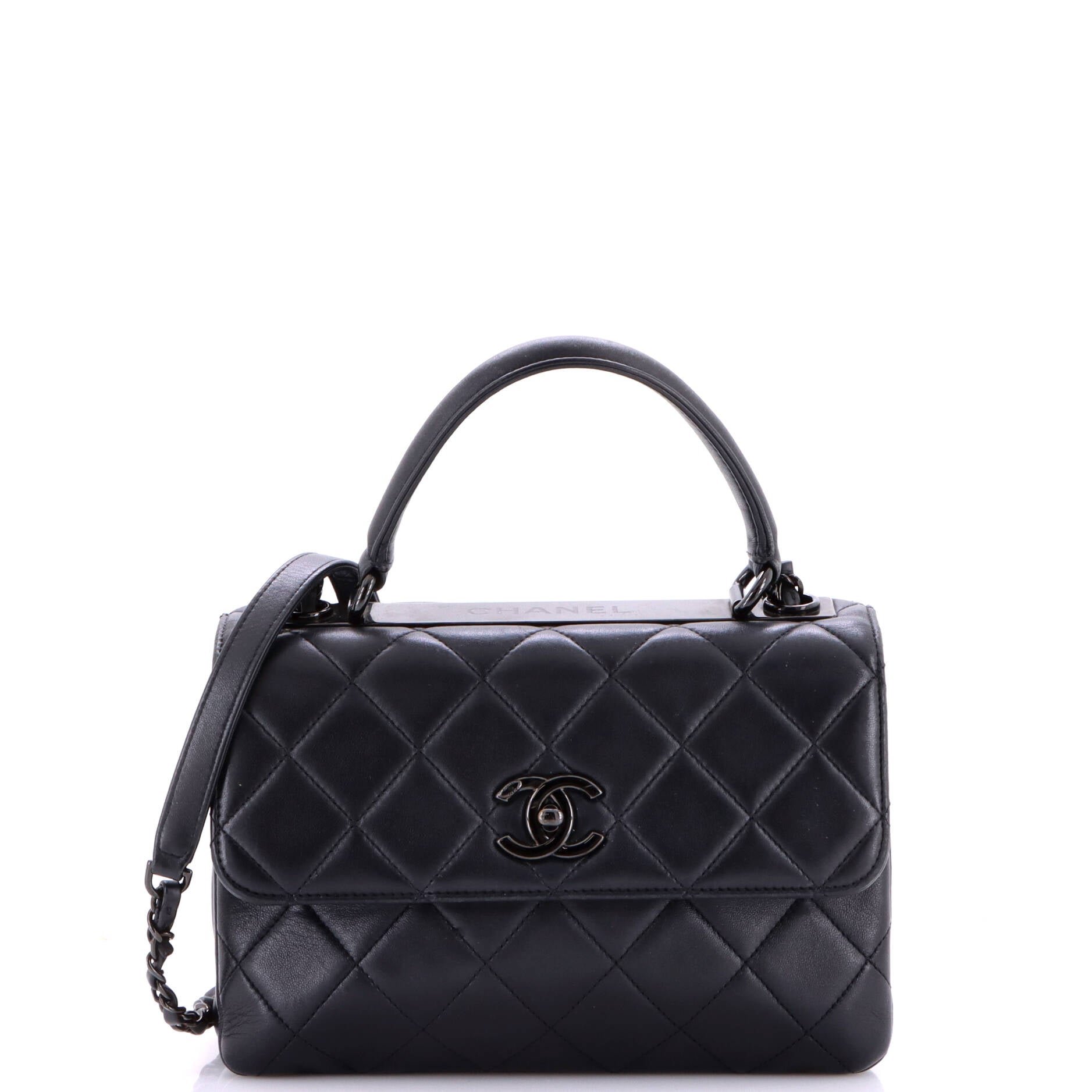 So Black Trendy CC Top Handle Bag Quilted Lambskin Small