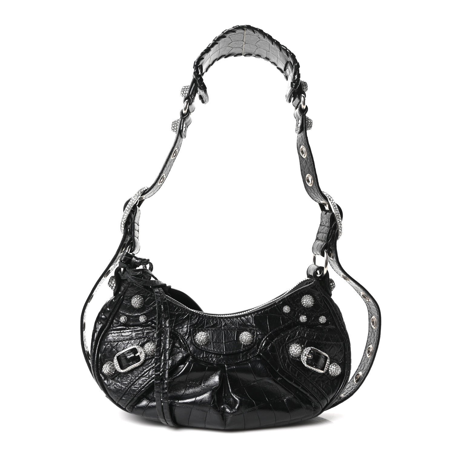 Balenciaga Extra Supple Calfskin Crystal Crocodile Embossed Le Cagole Shoulder Bag XS Black