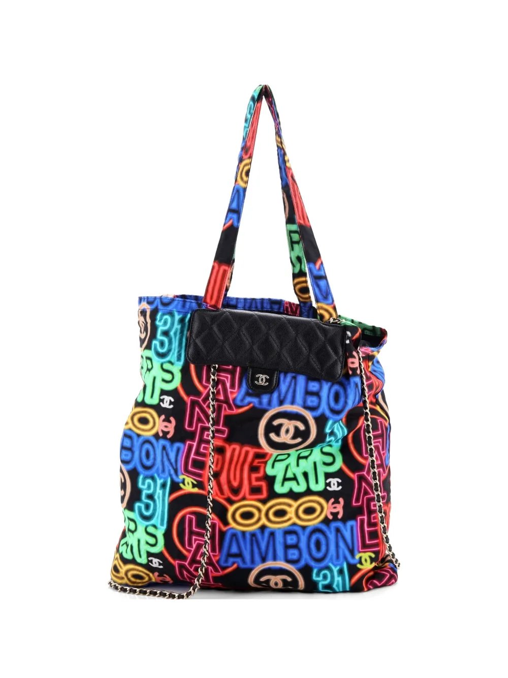 Foldable with Chain Quilted Caviar with Printed Nylon tote bag