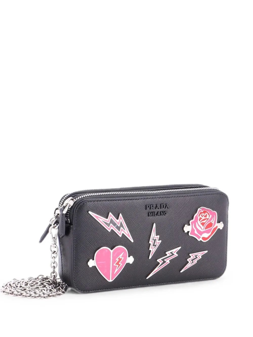 Monochrome Double Zip Wallet on Chain Pin Embellished Saffiano Leather crossbody bag