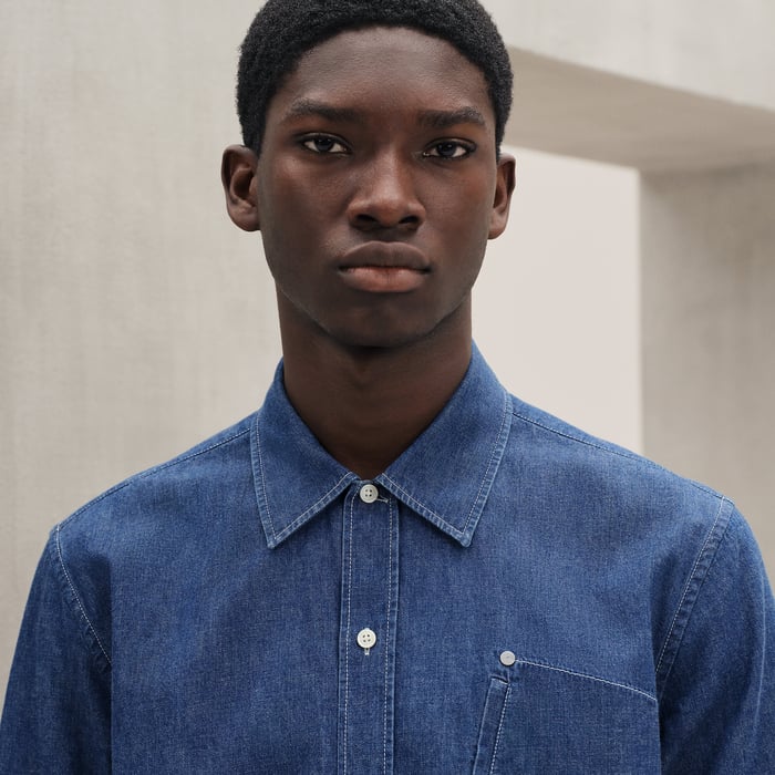 Indigo Lavé Short-sleeve Straight Cut Denim Shirt With Detail