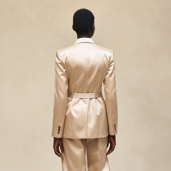 Beige Gold Suit Jacket With Knotted Waist