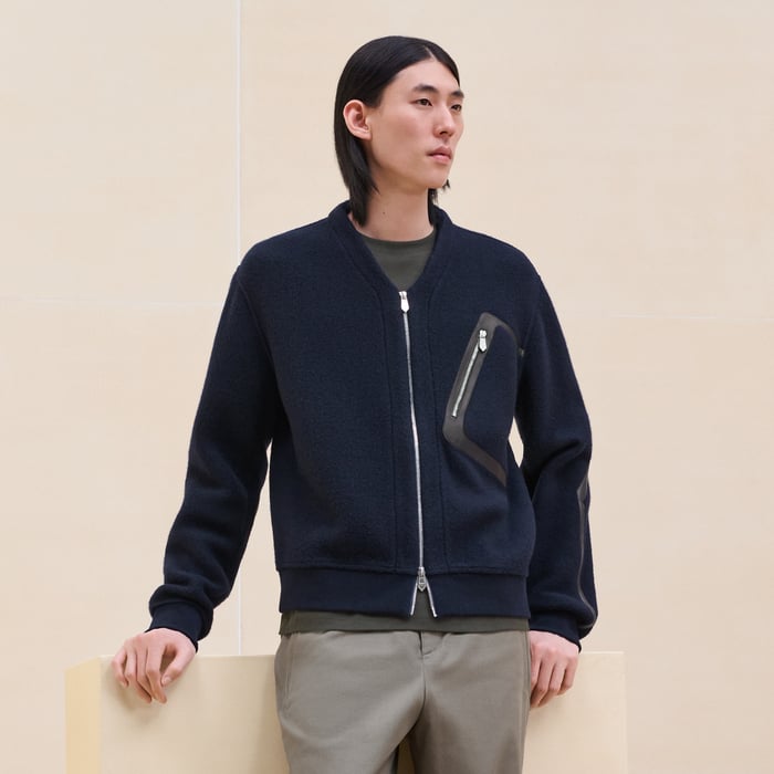 Marine Zipped Varsity Cardigan With Leather Detail