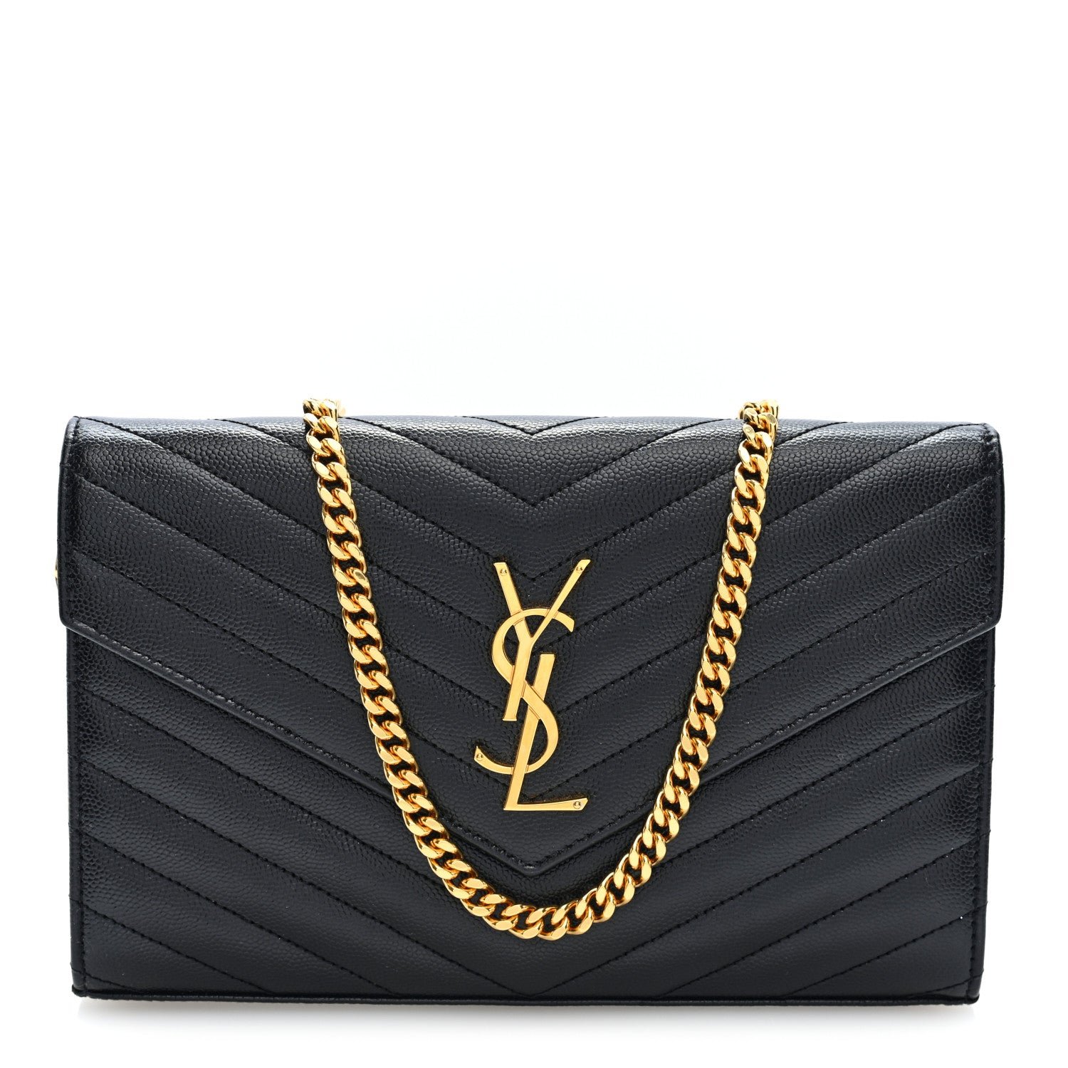 Saint Laurent Grain De Poudre Matelasse Chevron Monogram Chain Wallet Black