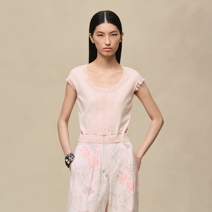 Rose Palomino Short-sleeve Sweater With Ruffled Details