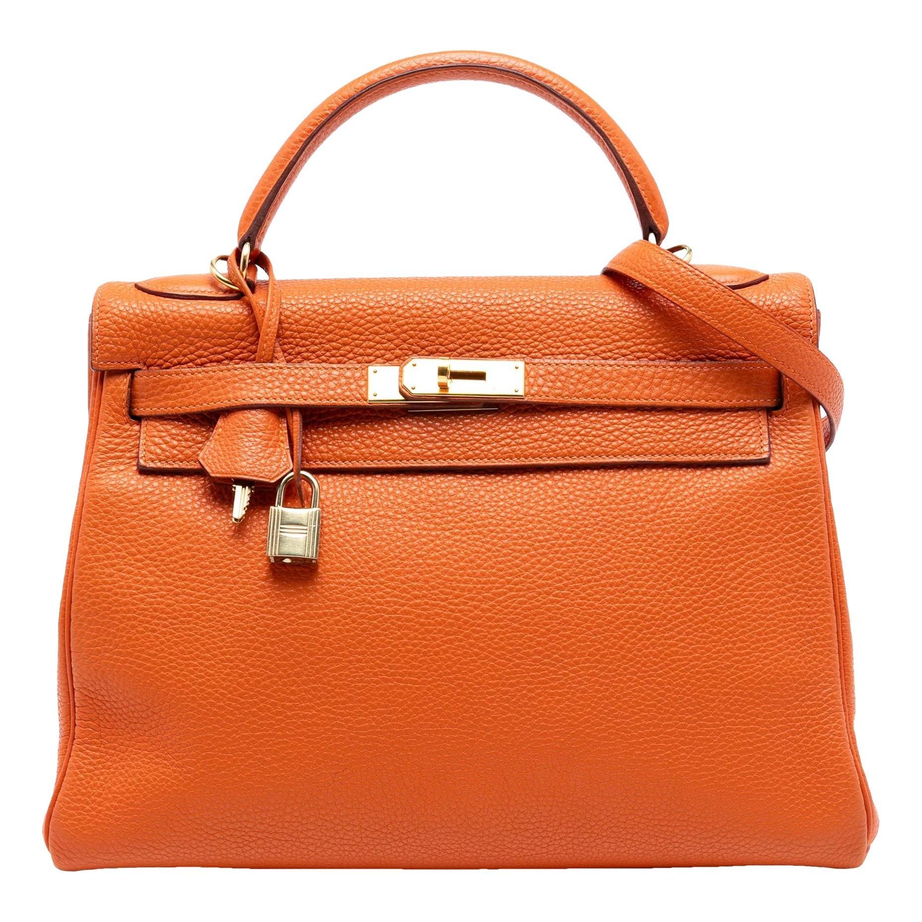 Hermes Kelly 32 Handbag Orange Clemence Leather 2001