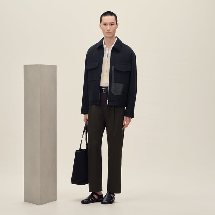 Marine Cashmere Zipped Straight Cut Jacket With Leather Details