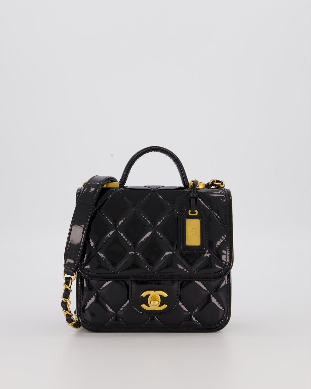 Chanel School Memory Square Top Handle Flap Bag in Black Patent Leather with Gold Hardware