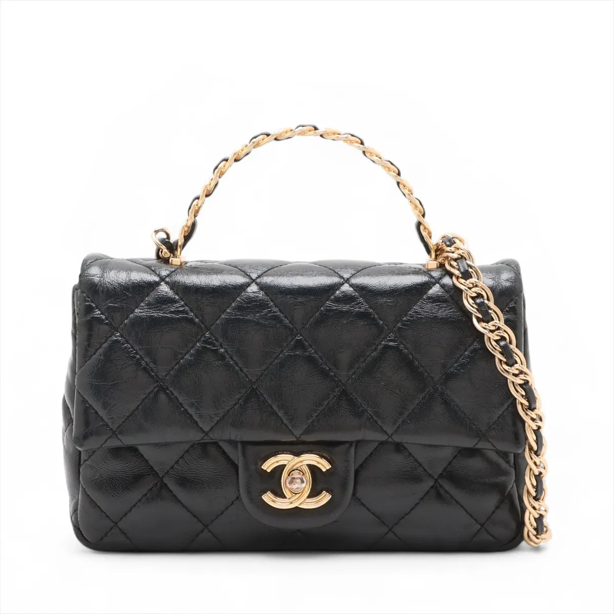 Chanel Matelasse Leather 2 Way Shoulder Bag Top Handle Black Gold Metal Fittings