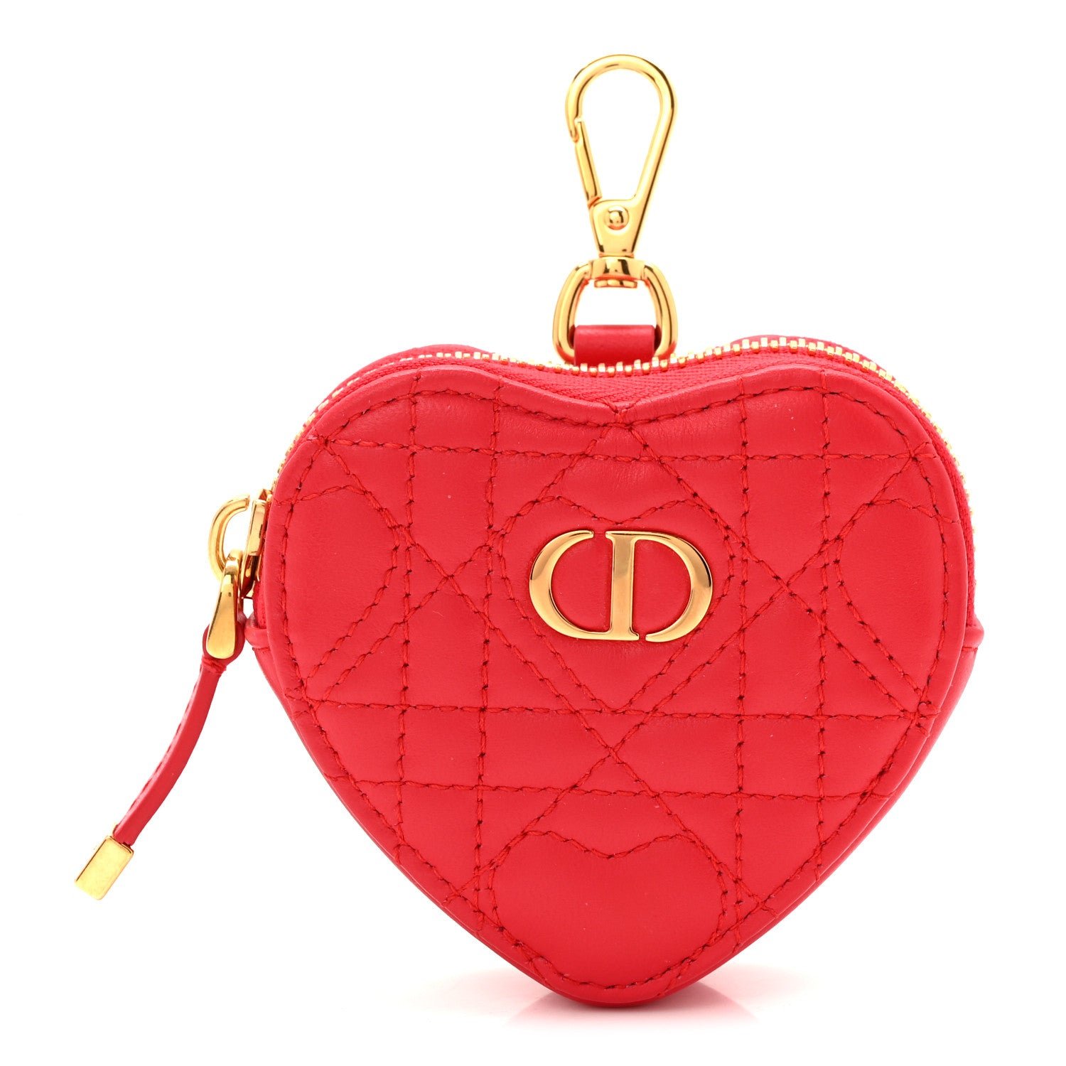 Christian Dior Lambskin Cannage Dioramour Caro Heart Coin Purse Bag Charm Red
