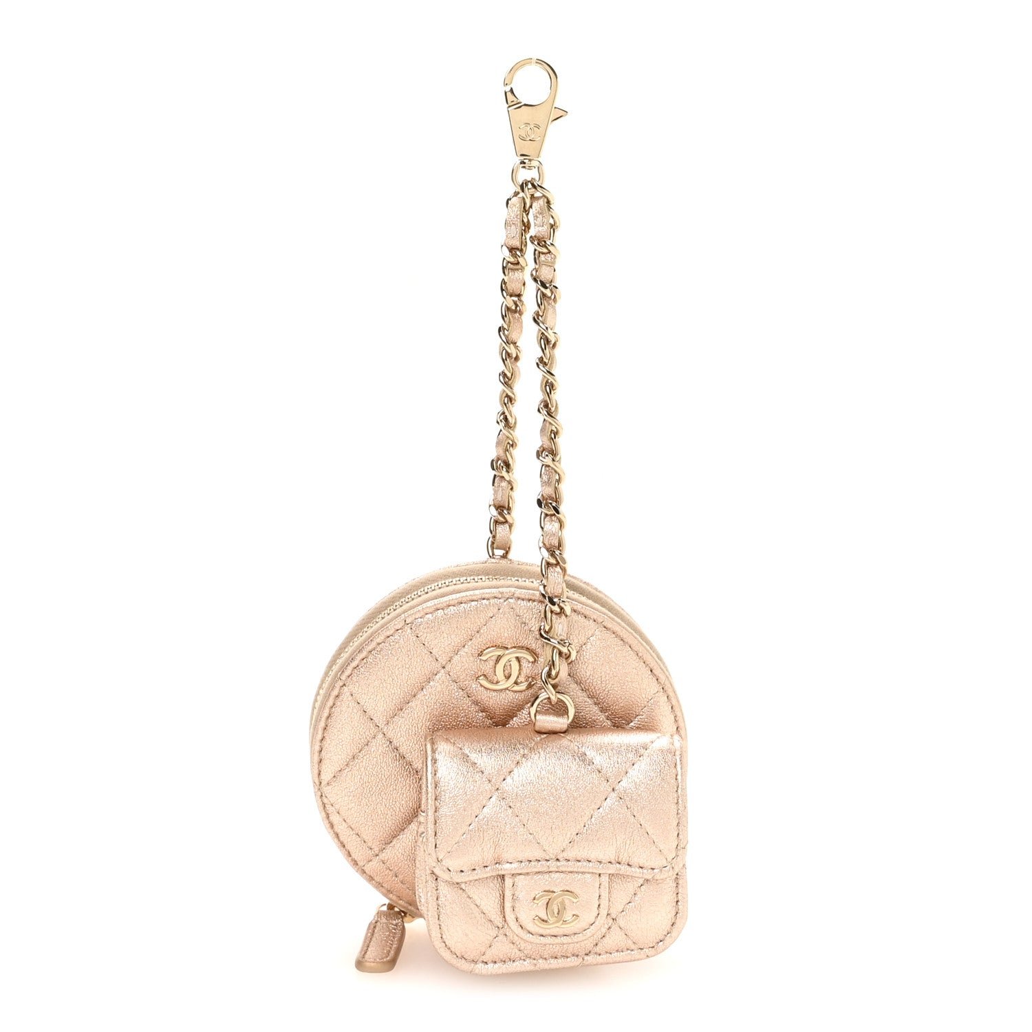 Chanel Metallic Lambskin Quilted Round Clip On Coin Purse Airpods Case Gold