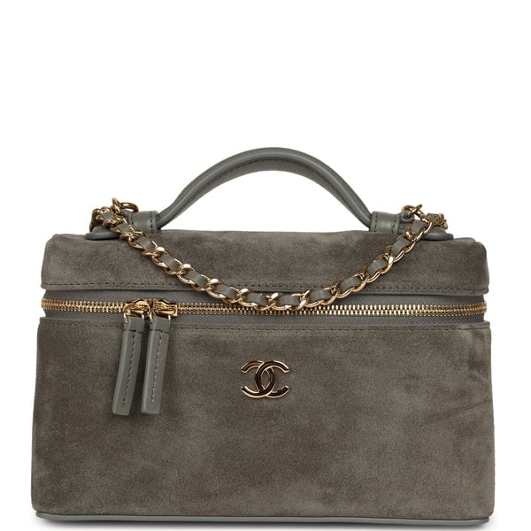 Chanel Top Handle Long Vanity Case with Chain Dark Grey Suede Gold Hardware