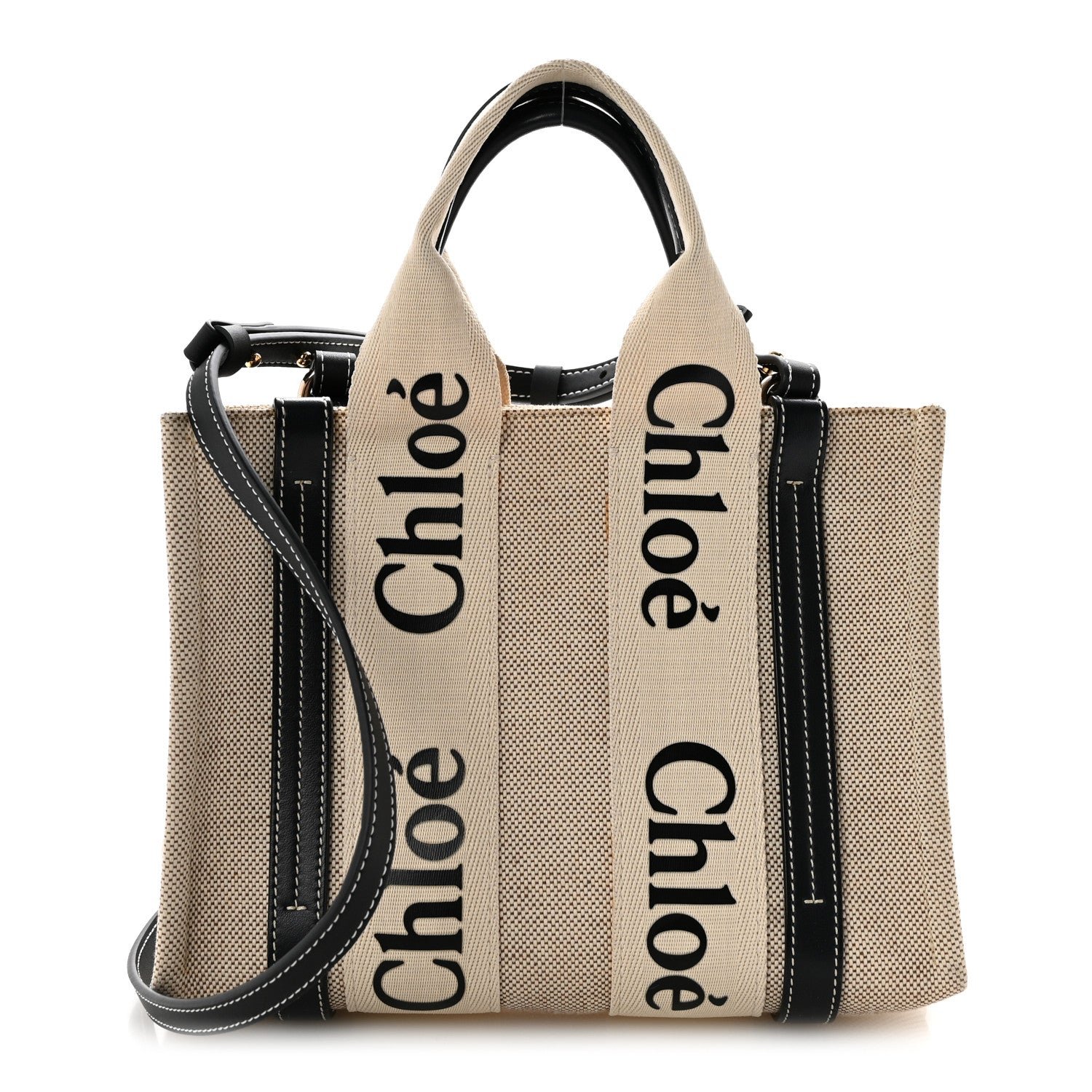 Chloe Linen Calfskin Small Woody Ribbon Tote White Black