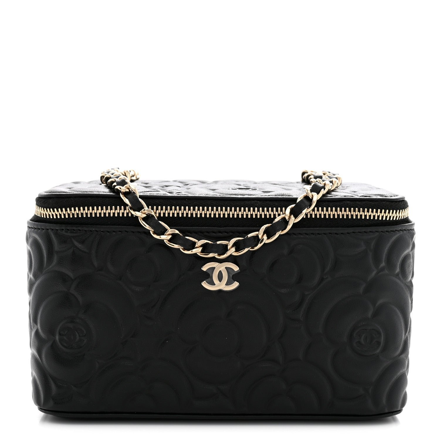Chanel Lambskin Camellia Embossed Small Vanity Case With Chain Black