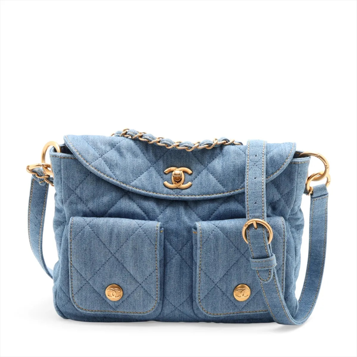 Chanel Matelasse Denim 2 Way Shoulder Bag Blue Gold Metal Fittings random plate