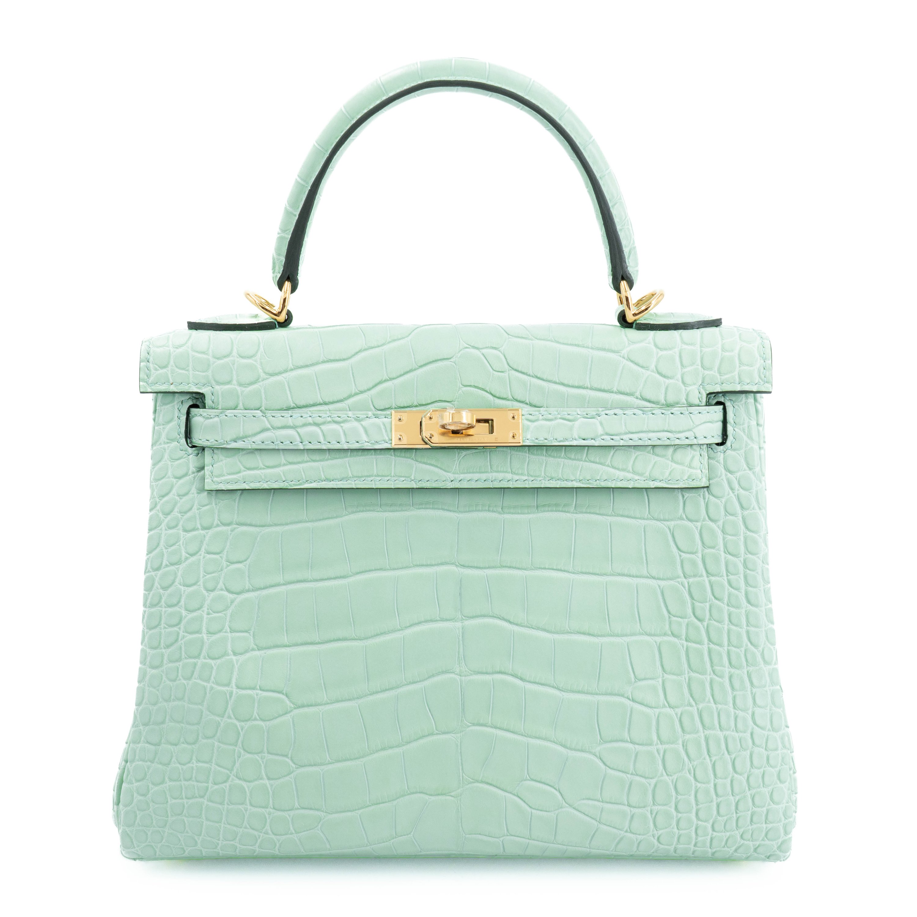 Unused ( Rank NS ) HERMÈS Kelly 25 Vert d’Eau (6U) Matte Alligator Gold hardware W (2024)