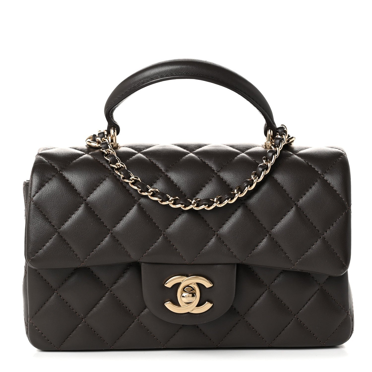 Chanel Lambskin Quilted Mini Top Handle Rectangular Flap Dark Brown