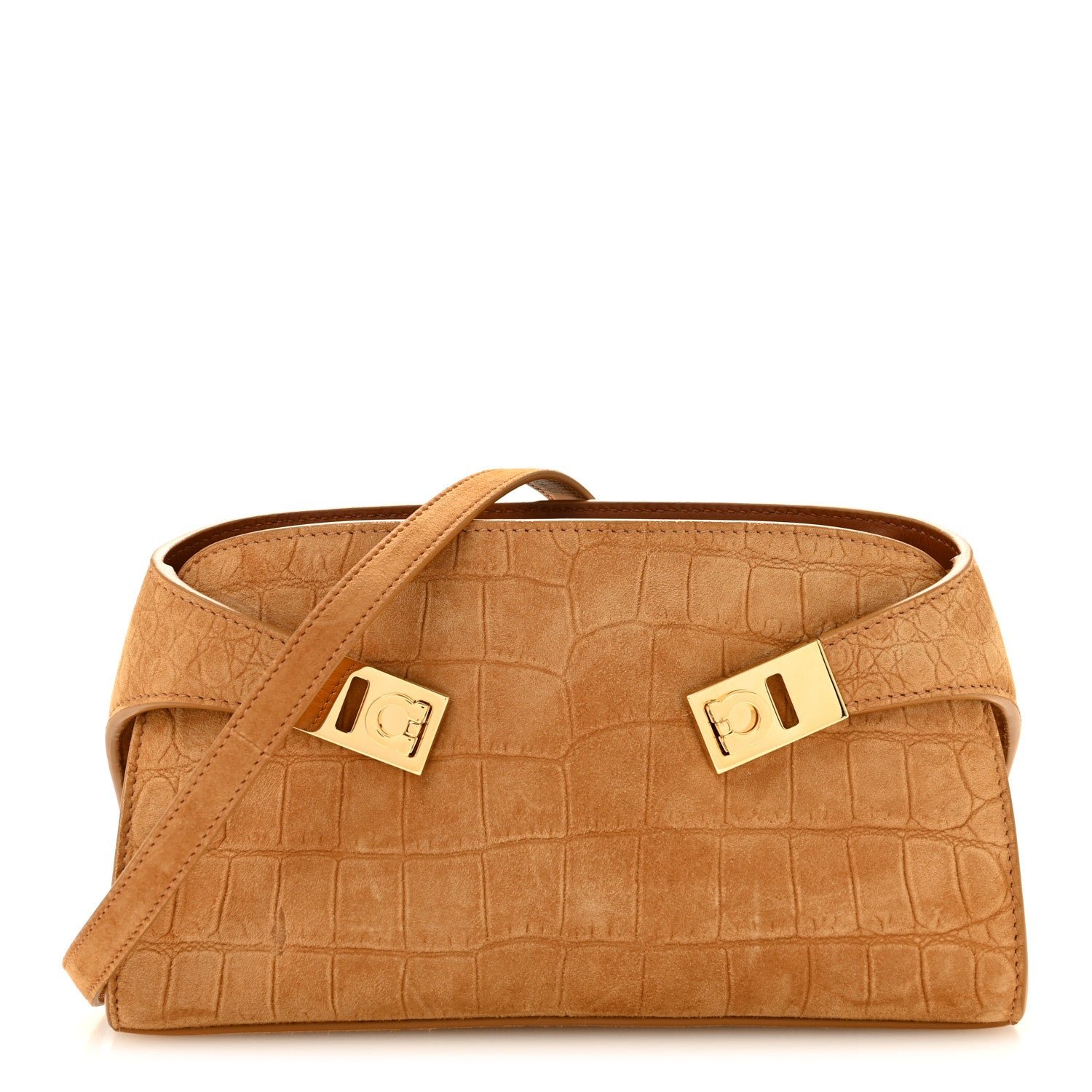 Salvatore Ferragamo Suede Alligator Embossed Mini Hug Crossbody Bag Natural Brown