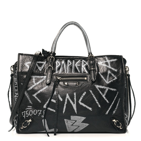 Balenciaga Agneau Graffiti Papier A6 Zip Around Tote Black White