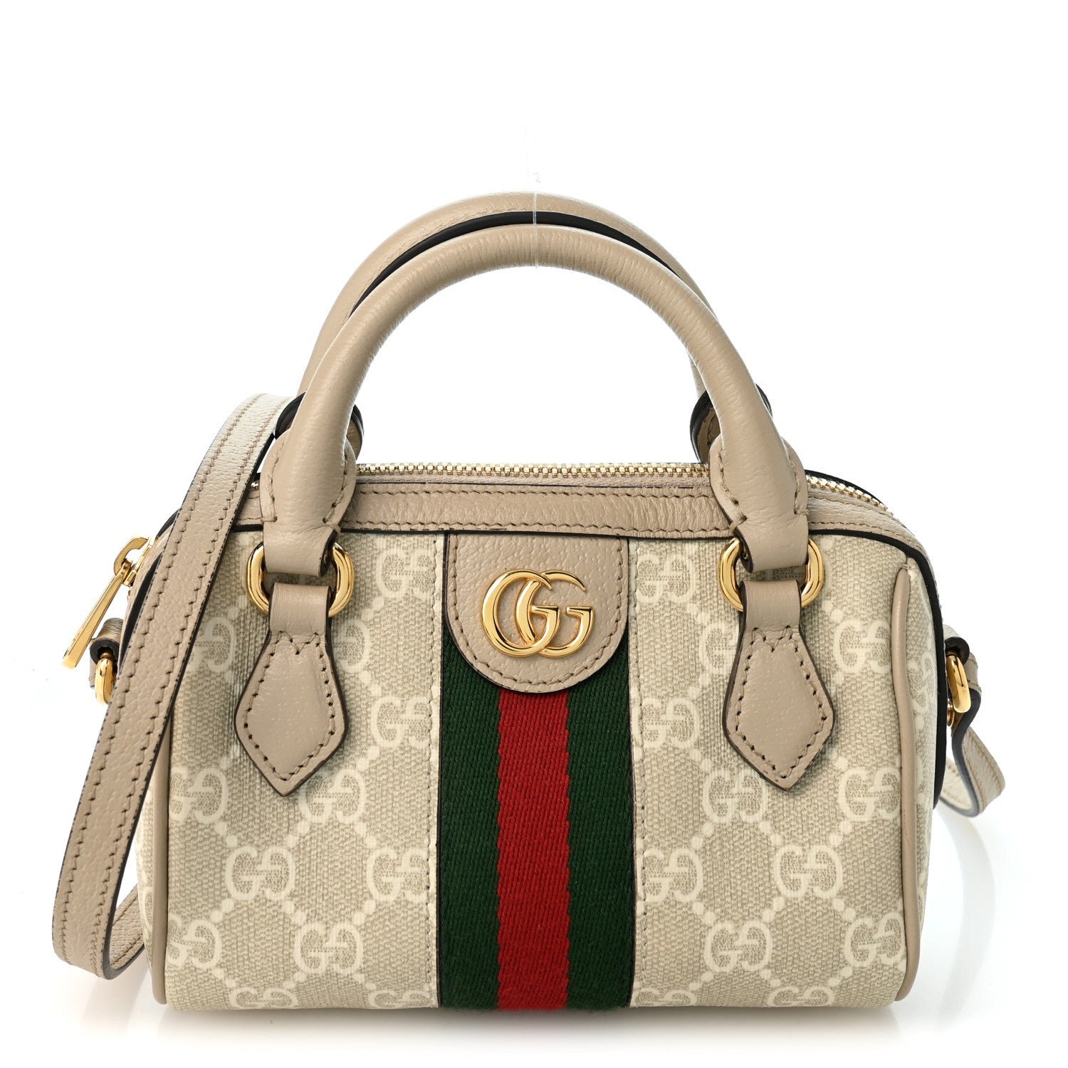 Gucci GG Supreme Monogram Textured Dollar Calfskin Web Super Mini Ophidia Top Handle Bowler Bag Beige Mystic White Oatmeal