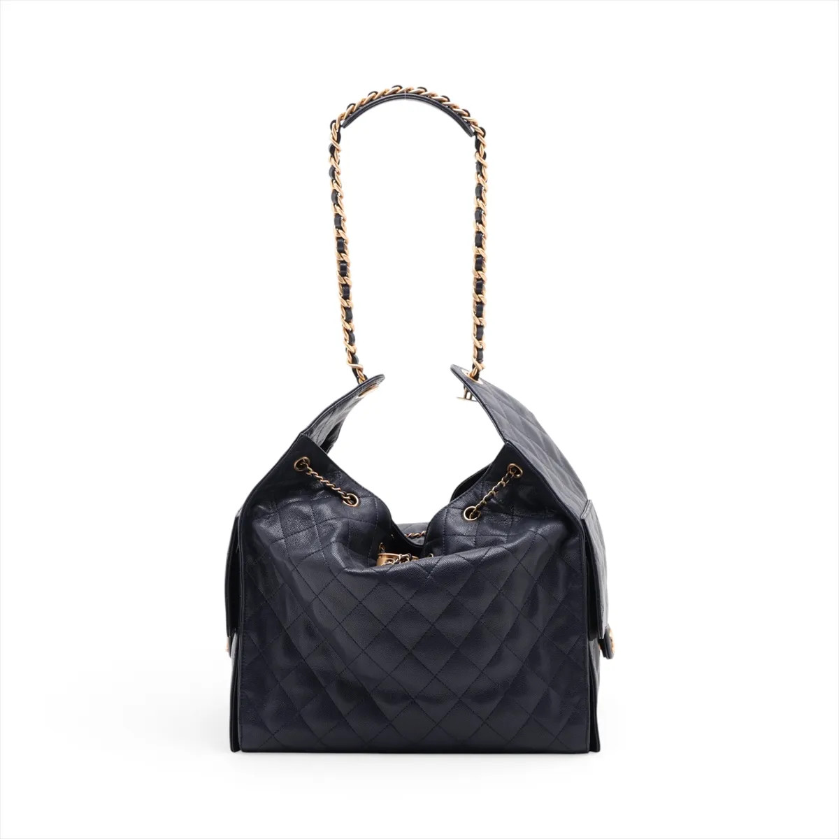 Chanel Chanel 25 Medium Caviar Skin Chain Shoulder Bag Navy Blue Gold Metal Fitt