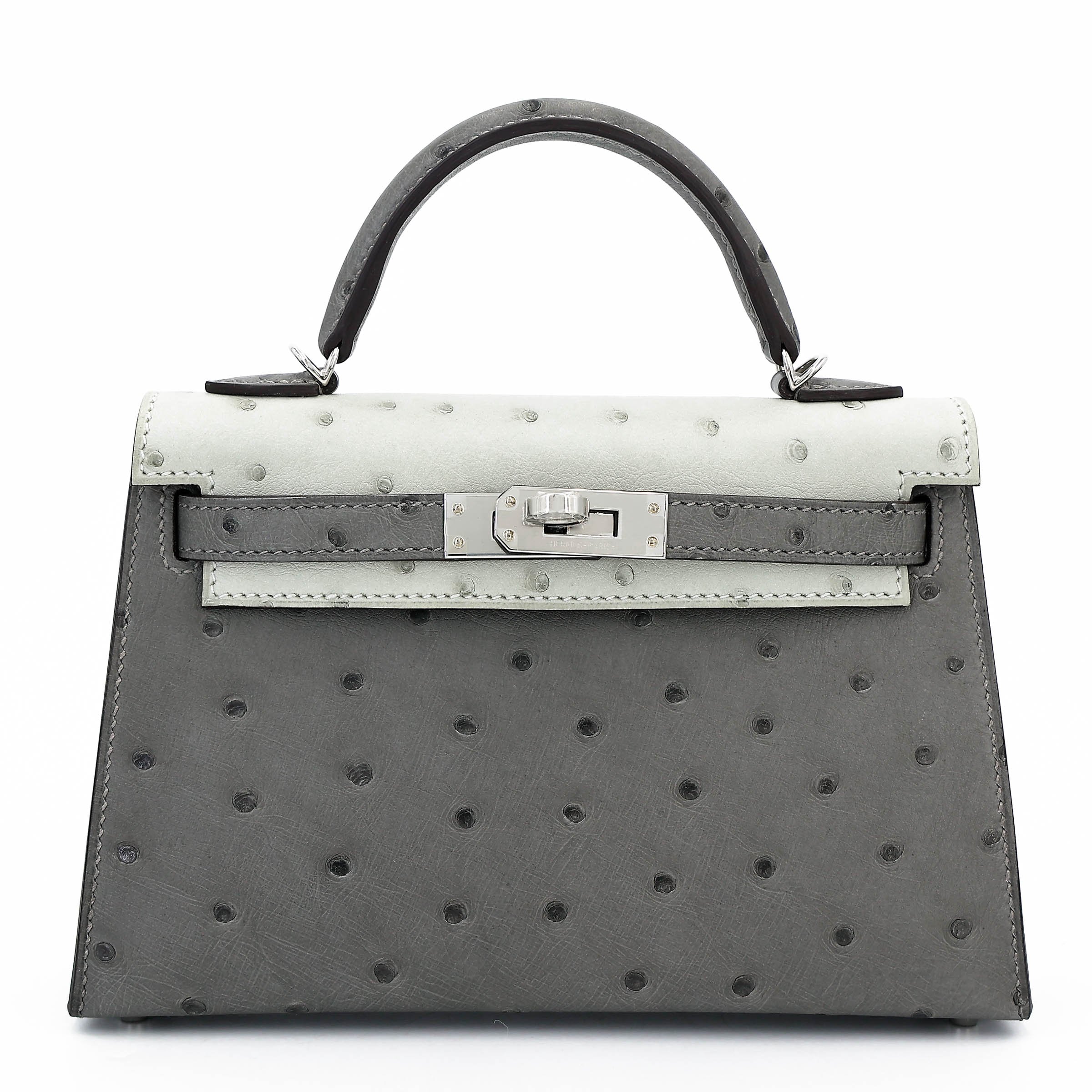 Brand New ( Rank N ) HERMÈS Mini Kelly II Gris Meyer (0L) Gris Perle (80) Ostrich Palladium hardware K (2025)