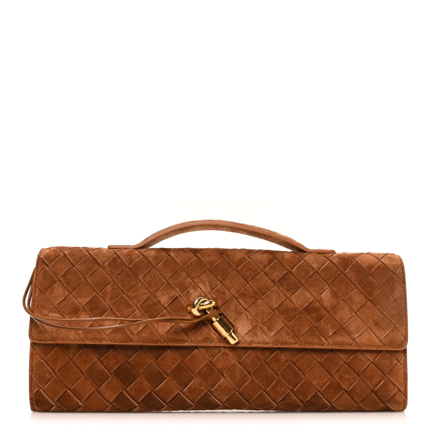 Bottega Veneta Suede Intrecciato Long Andiamo Top Handle Clutch Amber