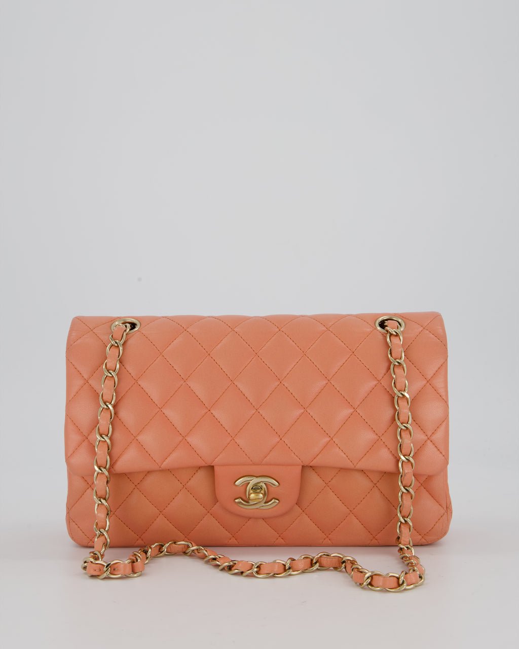 Chanel Peach Pink Medium Classic Double Flap Bag in Lambskin Leather with Champagne Gold Hardware