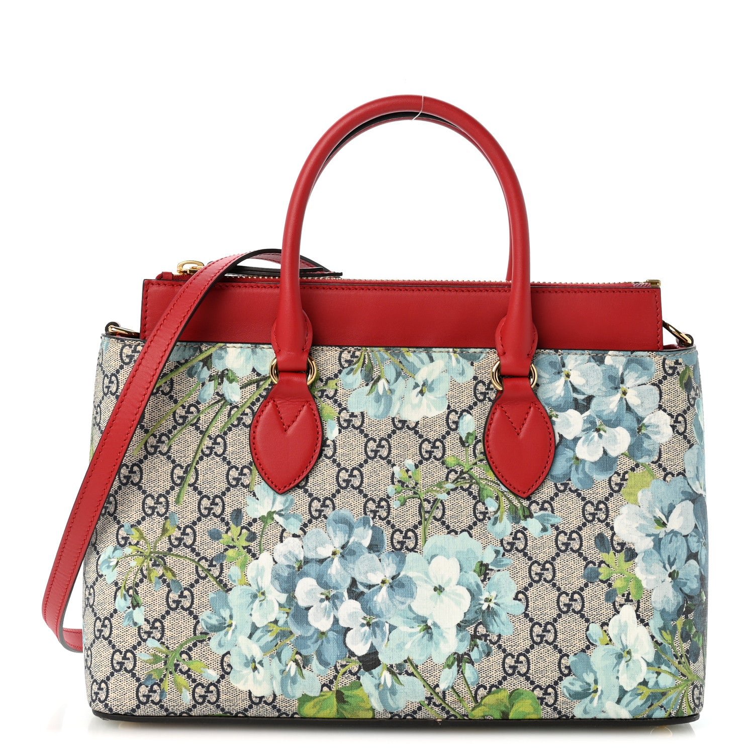 Gucci GG Supreme Monogram Blooms Small Zip Top Tote Beige Blue Navy Hibiscus Red