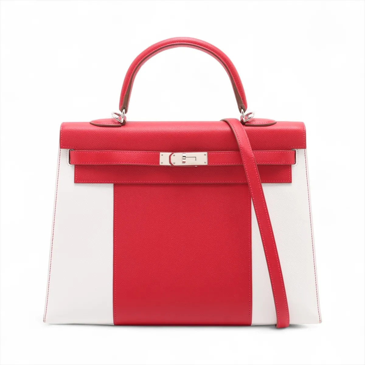 Hermès Kelly flag 35 Veau Epsom ROUGE KAZAC x WHITE Silver Metal Fittings