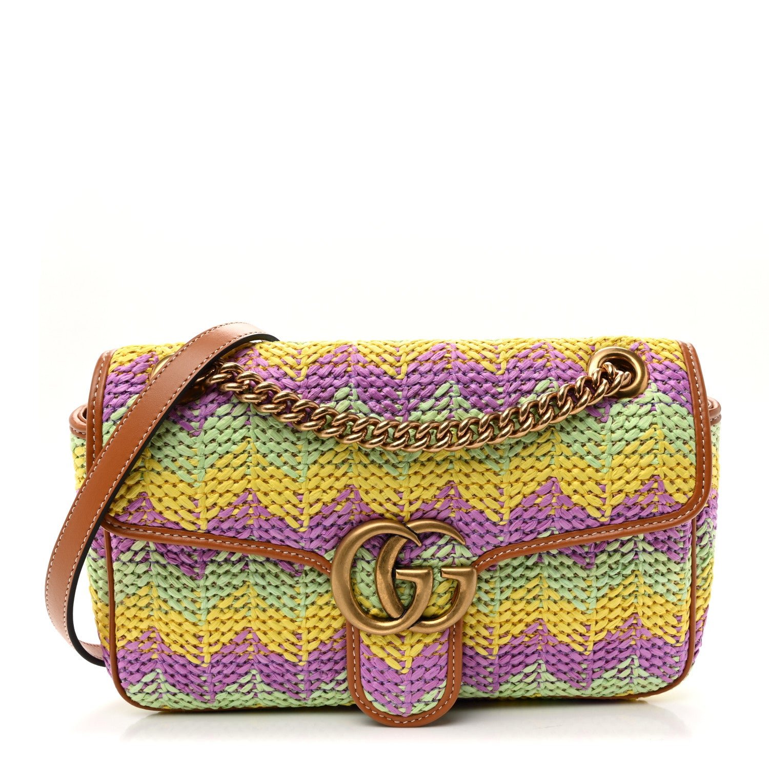 Gucci Calfskin Raffia Woven Small GG Marmont Shoulder Bag Multicolor