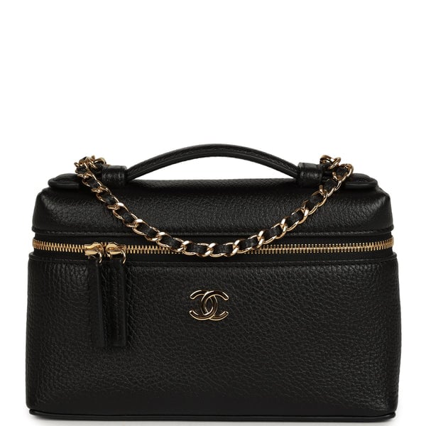 Chanel "Supple" Top Handle Long Vanity Case with Chain Black Grained Calfskin Gold Hardware