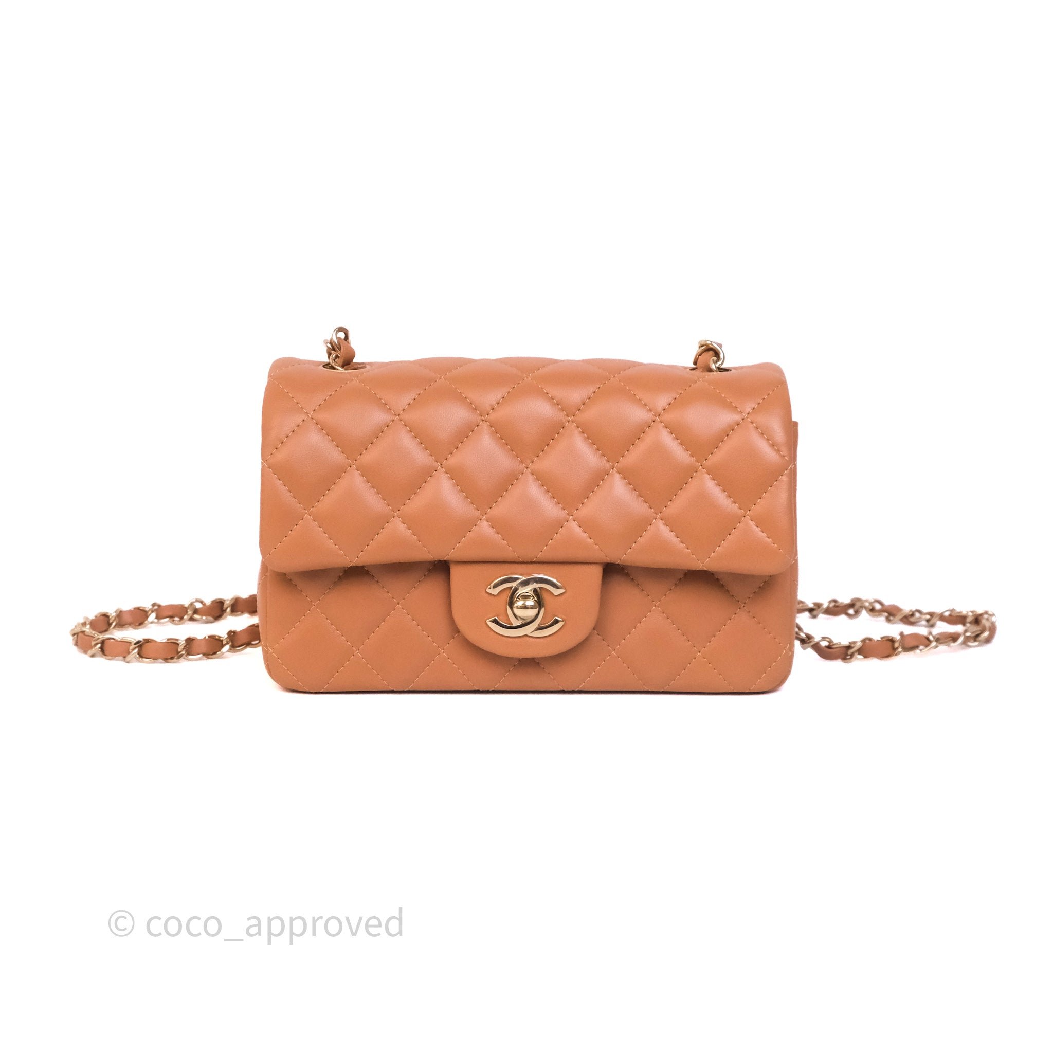 Chanel Quilted Mini Rectangular Flap Caramel Dark Beige Lambskin Gold Hardware