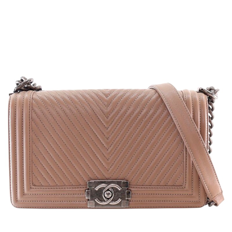 Chanel Beige Quilted Calfskin Chevron Medium Boy Flap Bag Ruthenium Hardware, 2014