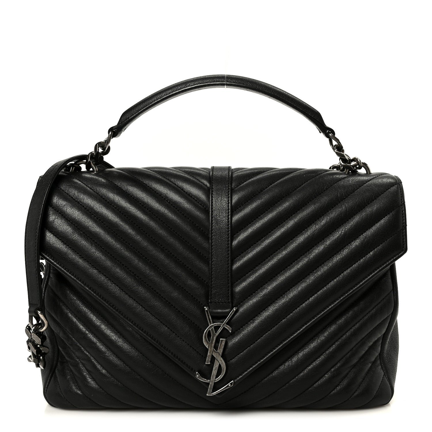 Saint Laurent Sheepskin Matelasse Chevron Monogram Large College Satchel Black