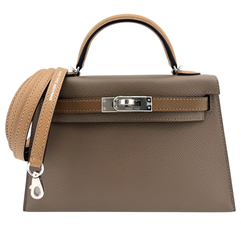 Hermes Etoupe, Biscuit and Alezan Epsom Tri-Color Mini Kelly 20 II Palladium Hardware, 2021