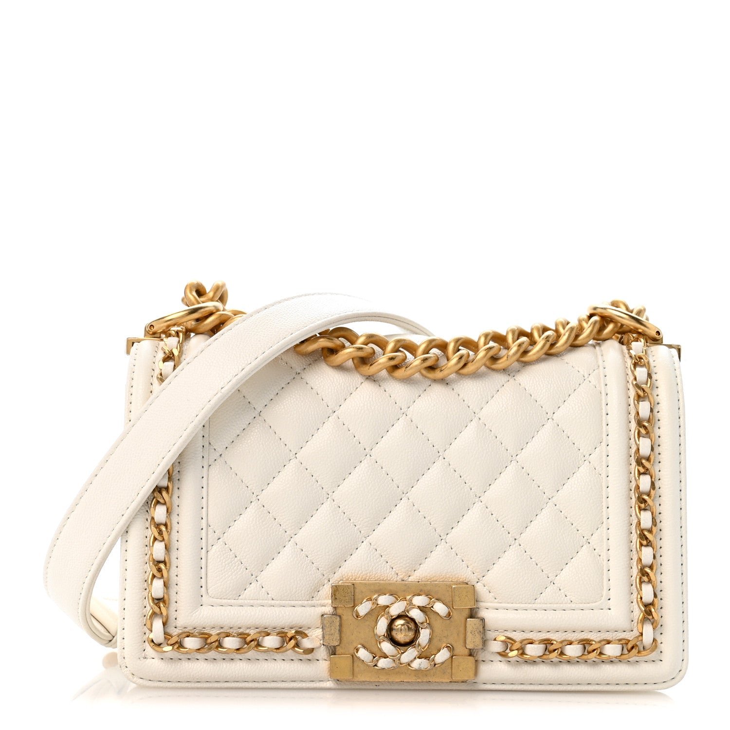 Chanel Caviar Quilted Small Chain Around Boy Flap White